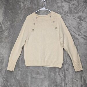 J Crew Cream Knit Sweater Button Detail Crew Neck Long Sleeve Size L Chic Preppy
